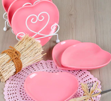 Keramika 6 Adet Kalp 25 Cm Pembe Servis Tabağı